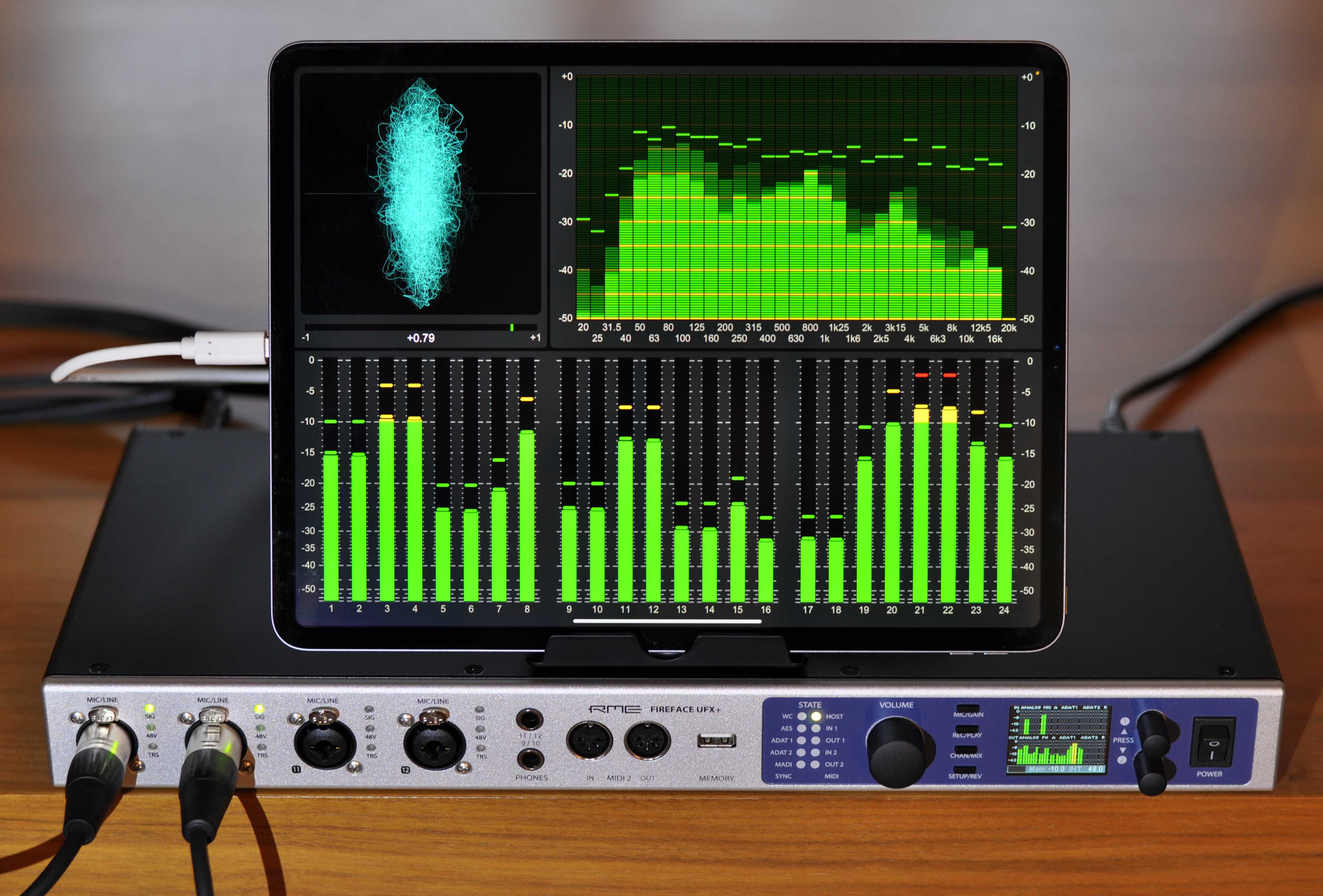 iPad in stand on RME Fireface UFX plus running audiomerics analyser app